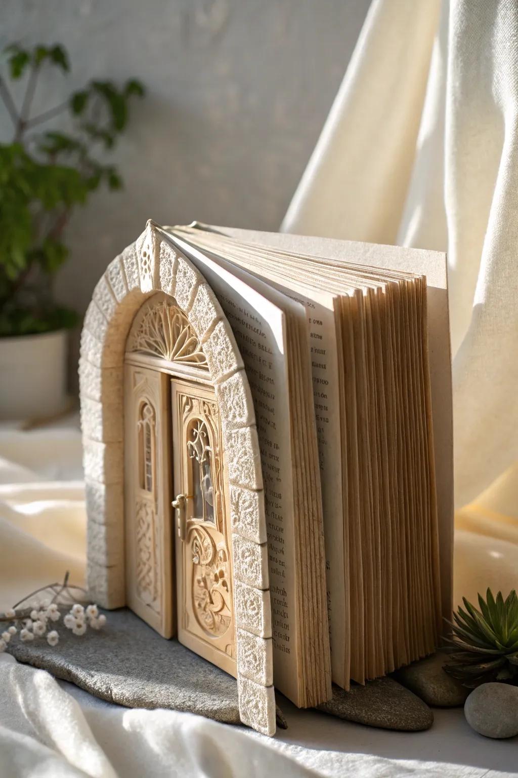 Discover the secret worlds within: a hidden doorway awaits in this enchanting book sculpture.