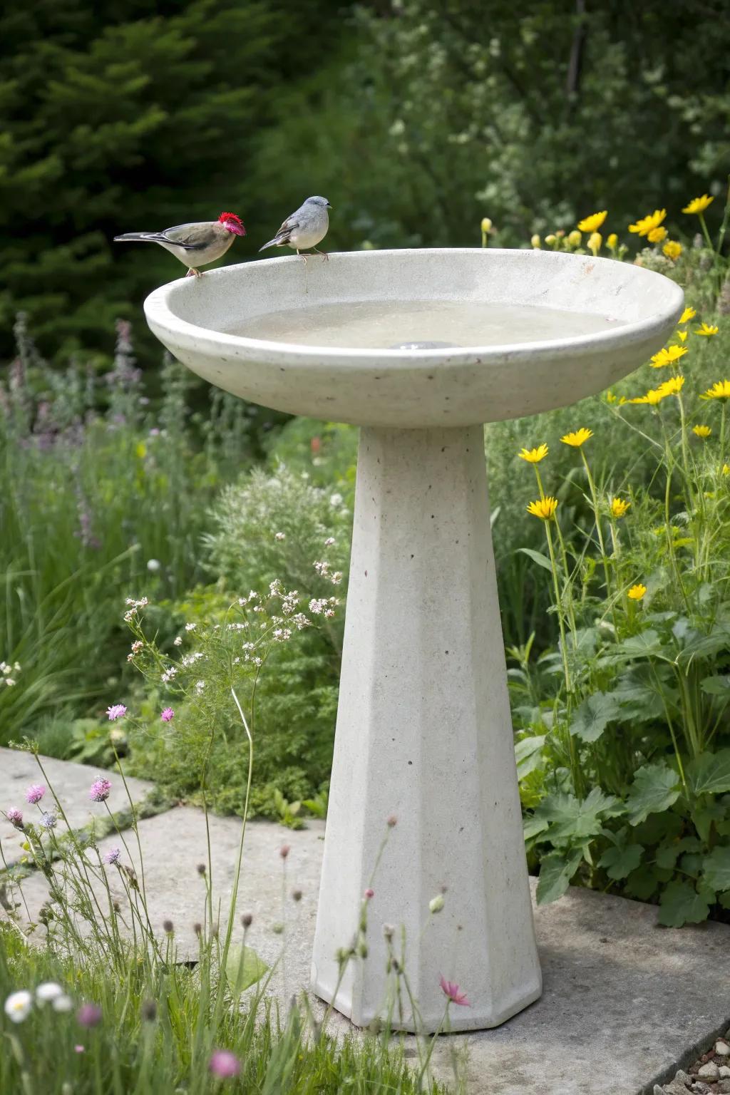 Elevate your garden with a touch of Concrete Chic—where industrial meets elegance in a serene bird bath design.