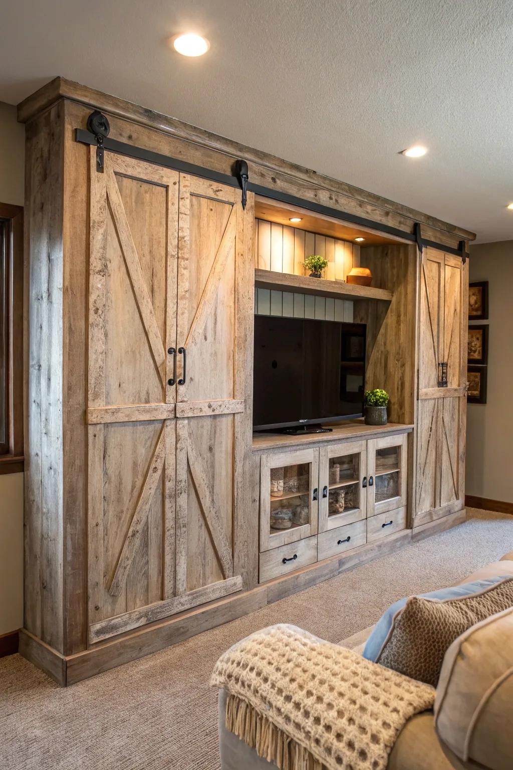 Transform your living space with a rustic drywall entertainment center that exudes warmth and charm.
