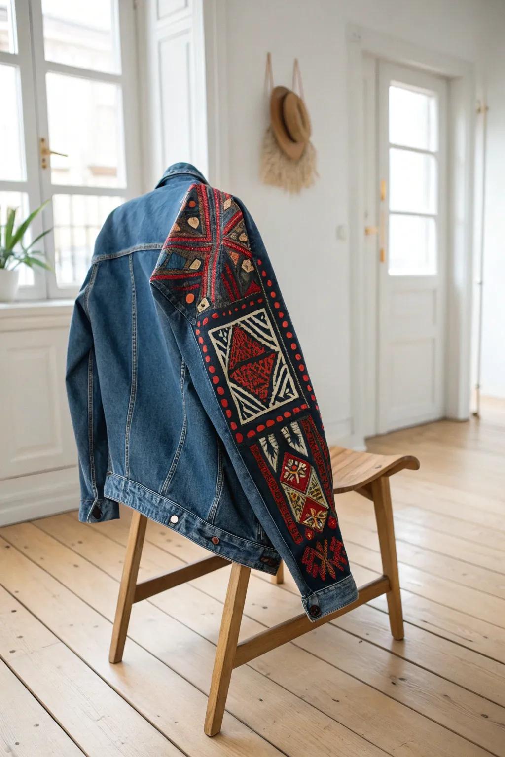Embrace artistic traditions with vibrant tribal patterns on denim, blending boho charm with minimalist elegance.