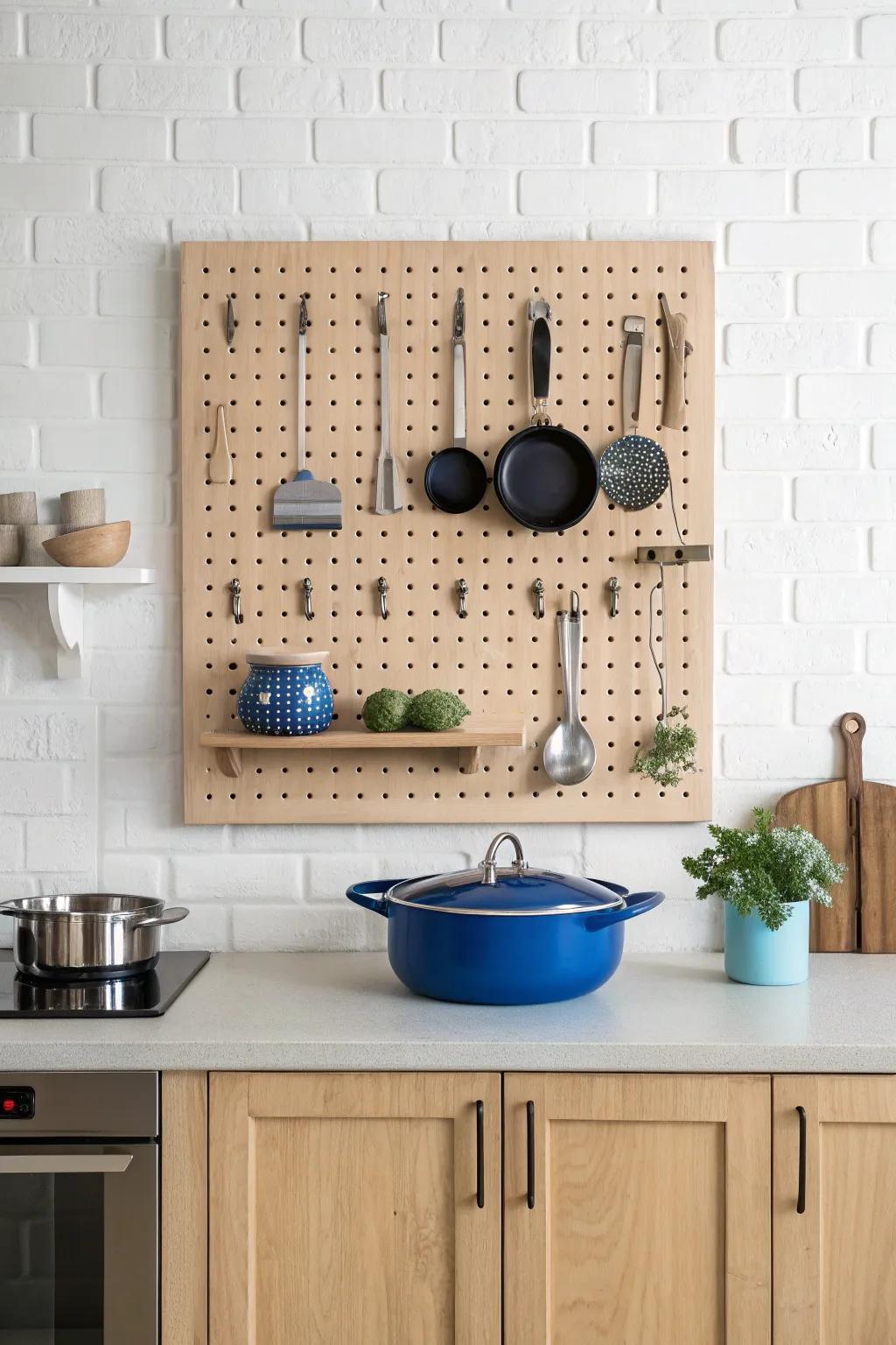 Transform your kitchen with whimsical pegboard storage—where functionality meets fun in a minimalist design.