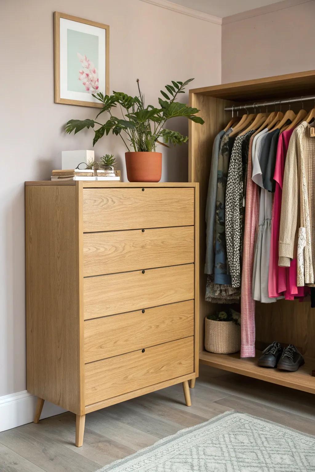 Reimagine your space: Dresser drawers as a chic closet alternative. 🌿✨