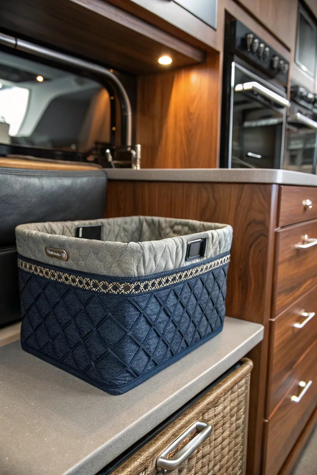 Elevate your Airstream storage with stylish fabric baskets—where craftsmanship meets functionality.