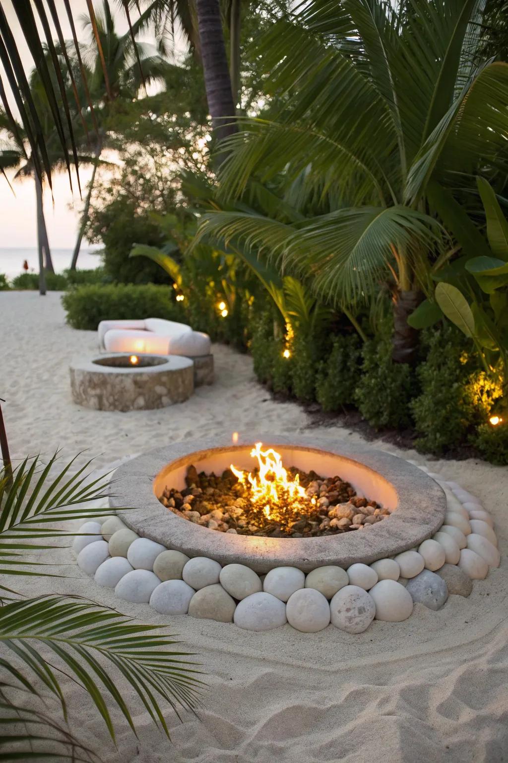 Transform your backyard into a serene beach escape with a handcrafted sand fire pit.