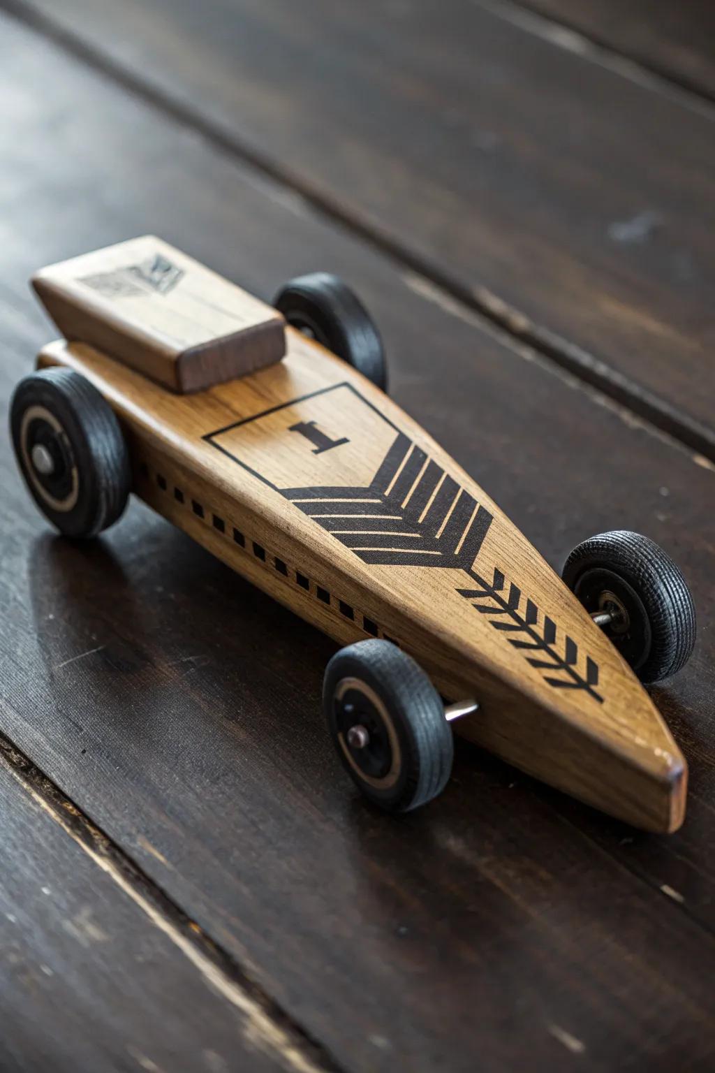 Masterful Craftsmanship: Experience the precision of a sleek arrow design in pinewood racing.