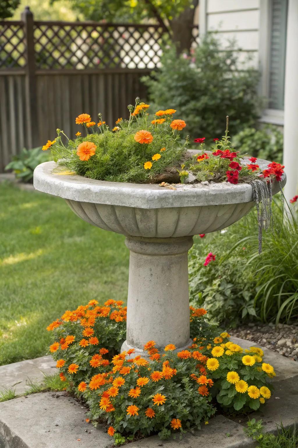 Transform your garden with a burst of color: a boho-chic flower-filled bird bath that's pure backyard bliss!