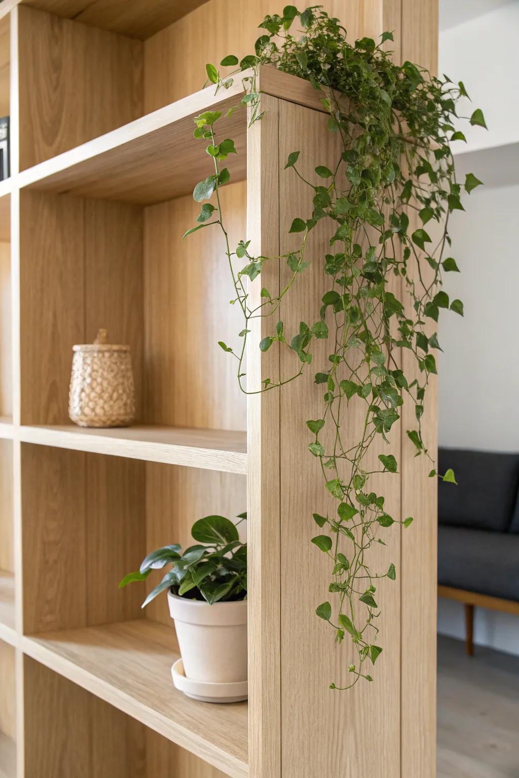 Breathe life into your bookshelf with a touch of greenery.