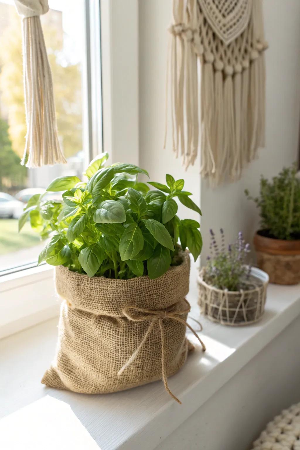 Elevate your windowsill with the rustic charm of upcycled burlap planters, perfect for a touch of farmhouse elegance.