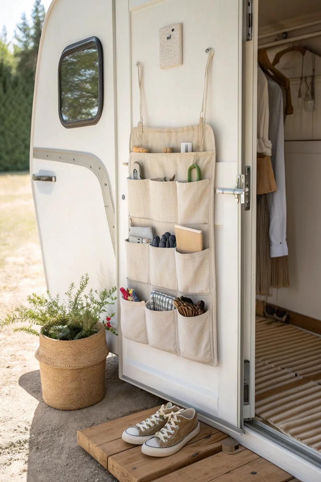 Elevate your camper storage game with chic over-the-door organizers—functional beauty at its finest.