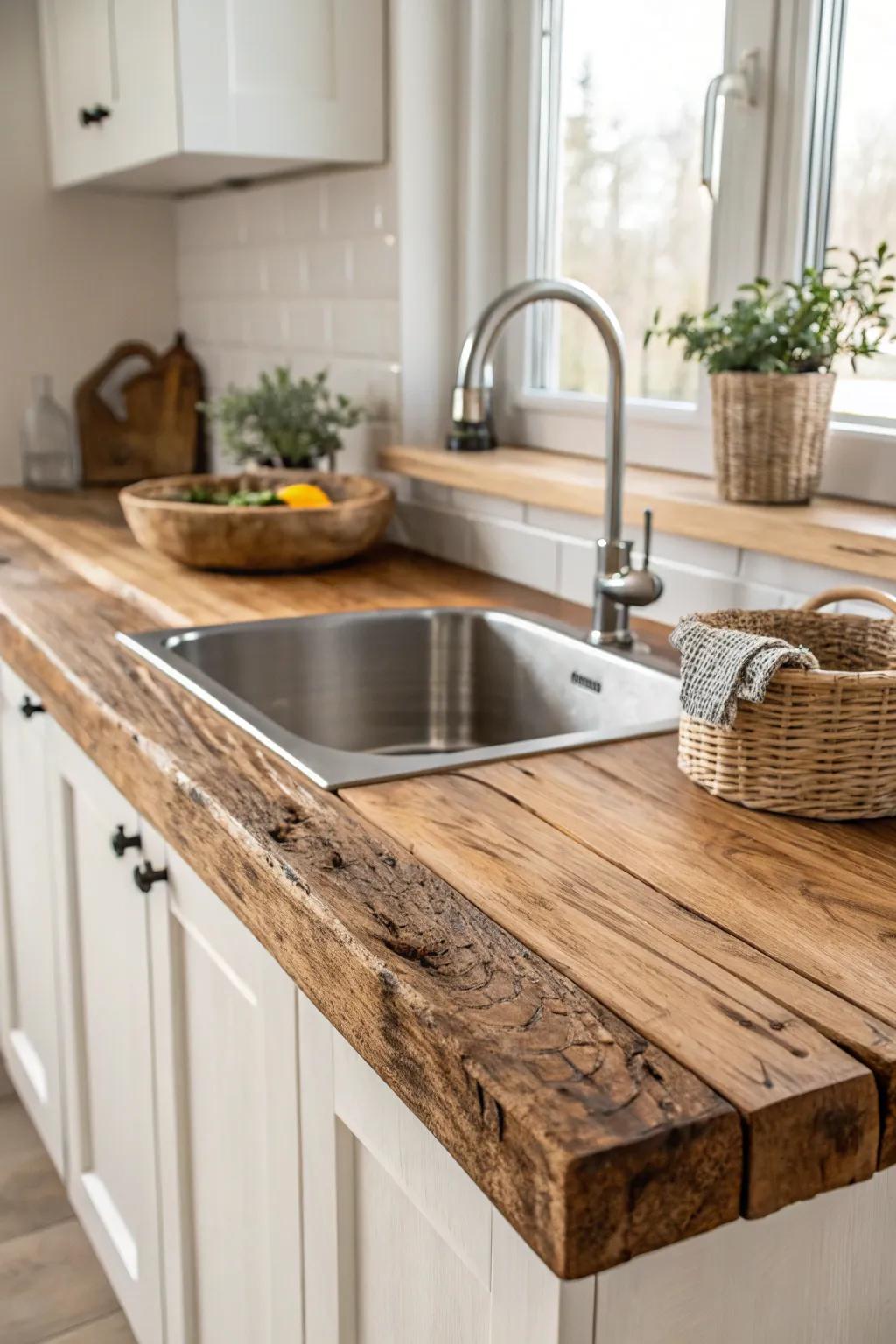 Elevate your campervan kitchen with a rustic yet elegant reclaimed wood countertop, perfectly complemented by minimalist stainless steel.