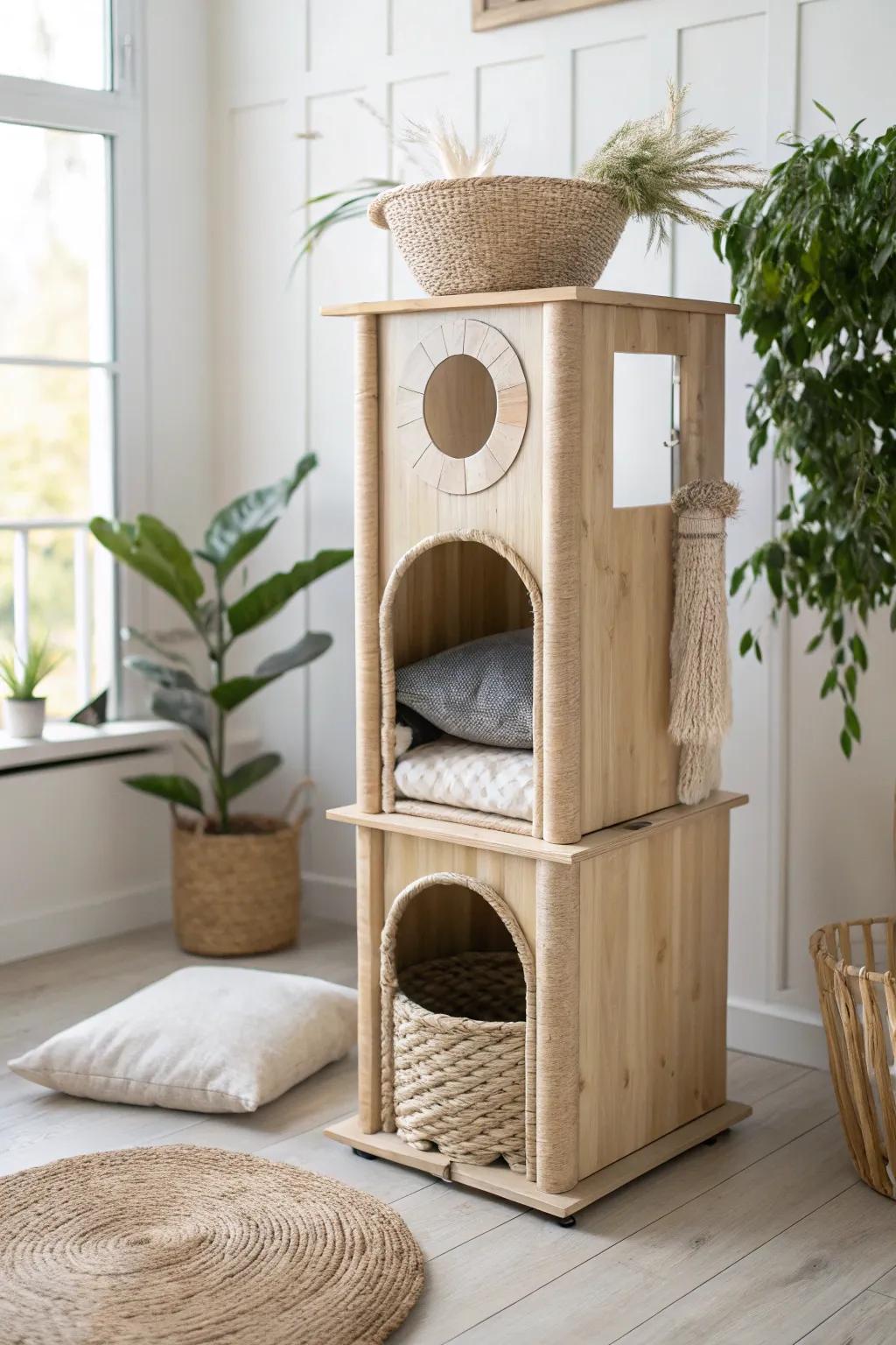 Embrace the charm of natural wood with this elegant cat condo, where simplicity meets style for your feline friend.