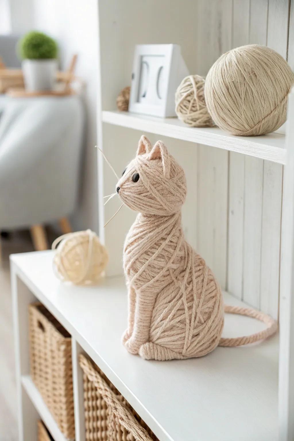 Charming Yarn-Wrapped Cat: A Touch of Handmade Elegance for Your Shelves