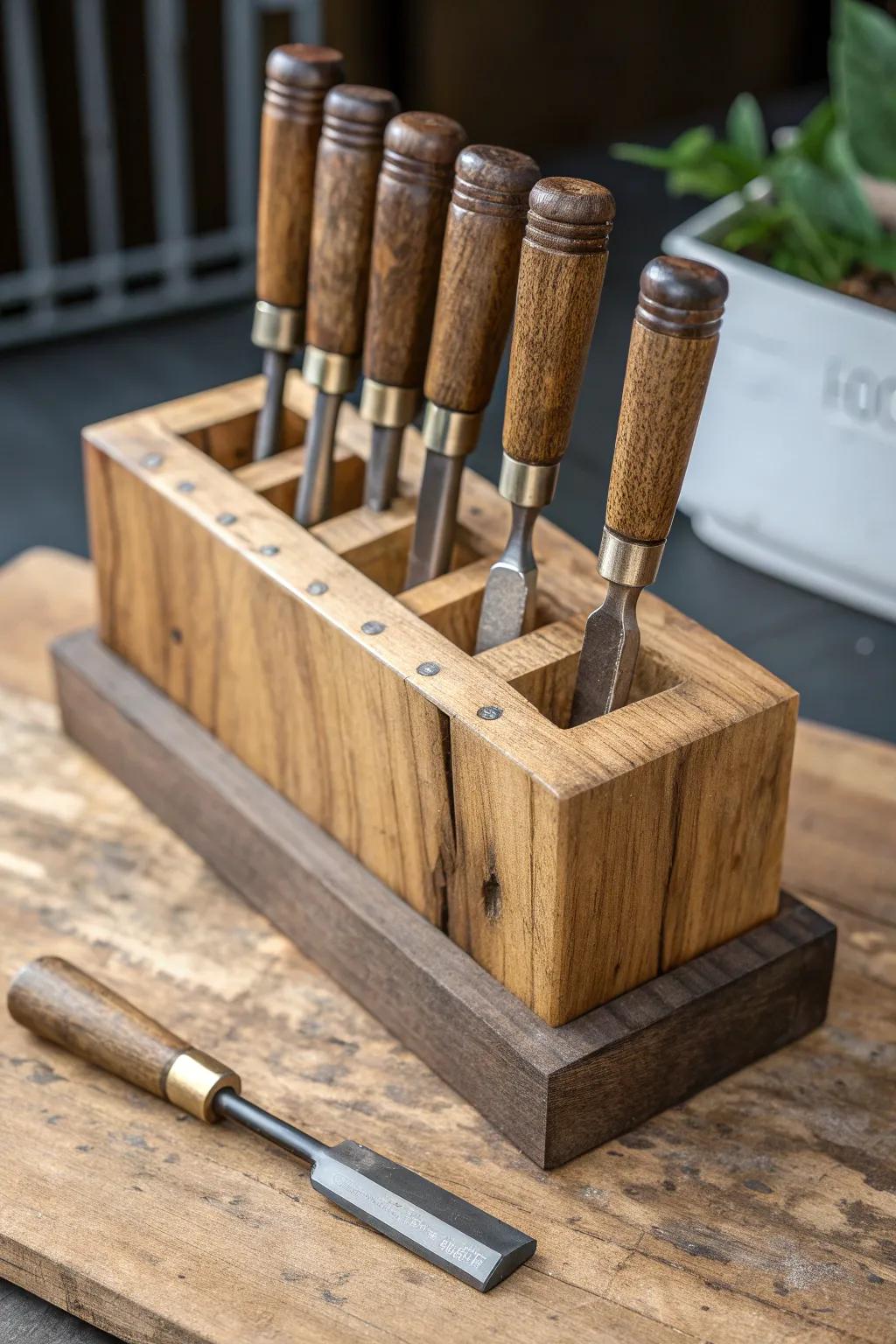 Elevate your workspace with this handcrafted wooden chisel holder, where rustic charm meets practical craftsmanship.