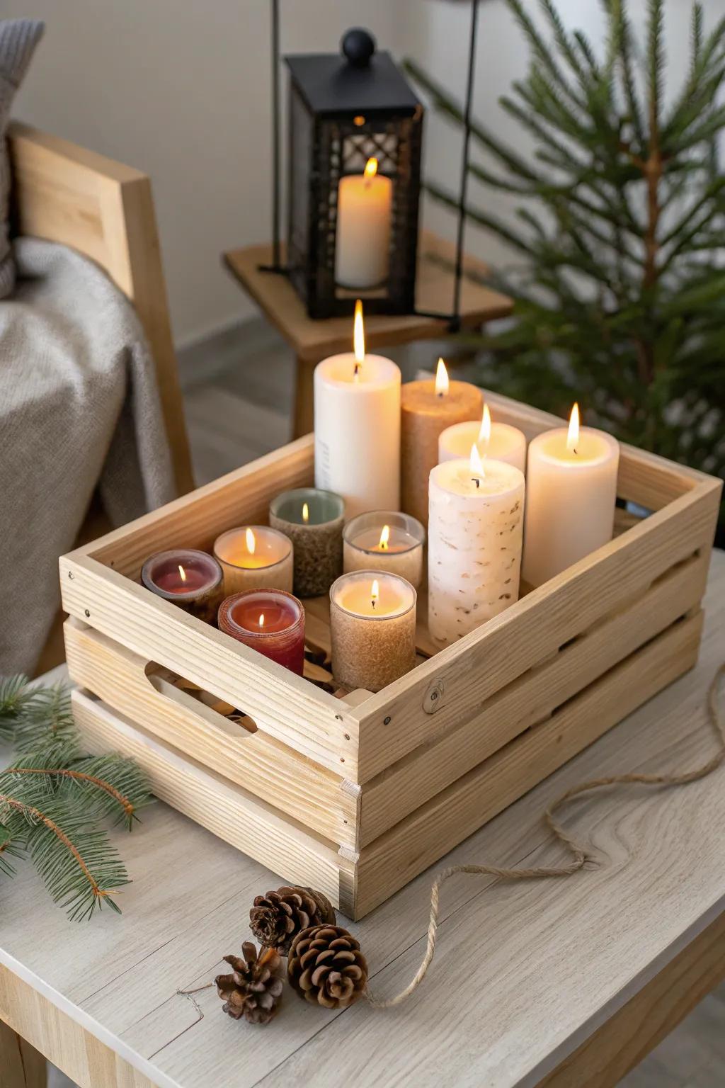 Illuminate your holiday season with a cozy candlelit crate that brings warmth and elegance to any space.