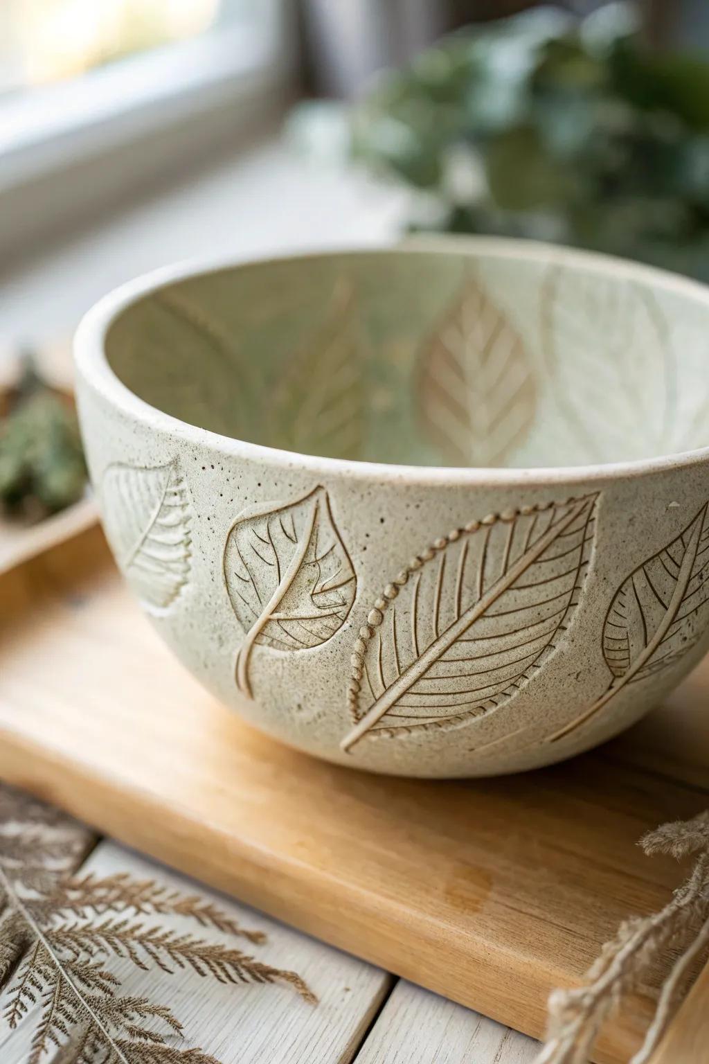 Embrace simplicity and nature with this leaf-patterned clay bowl, perfect for adding a touch of artistry to your home.