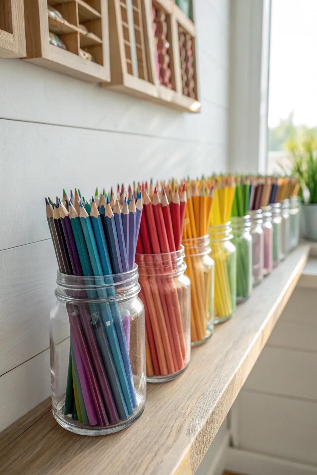 Transform your colored pencils into a stunning display with clear glass jars – an elegant blend of organization and artistry.