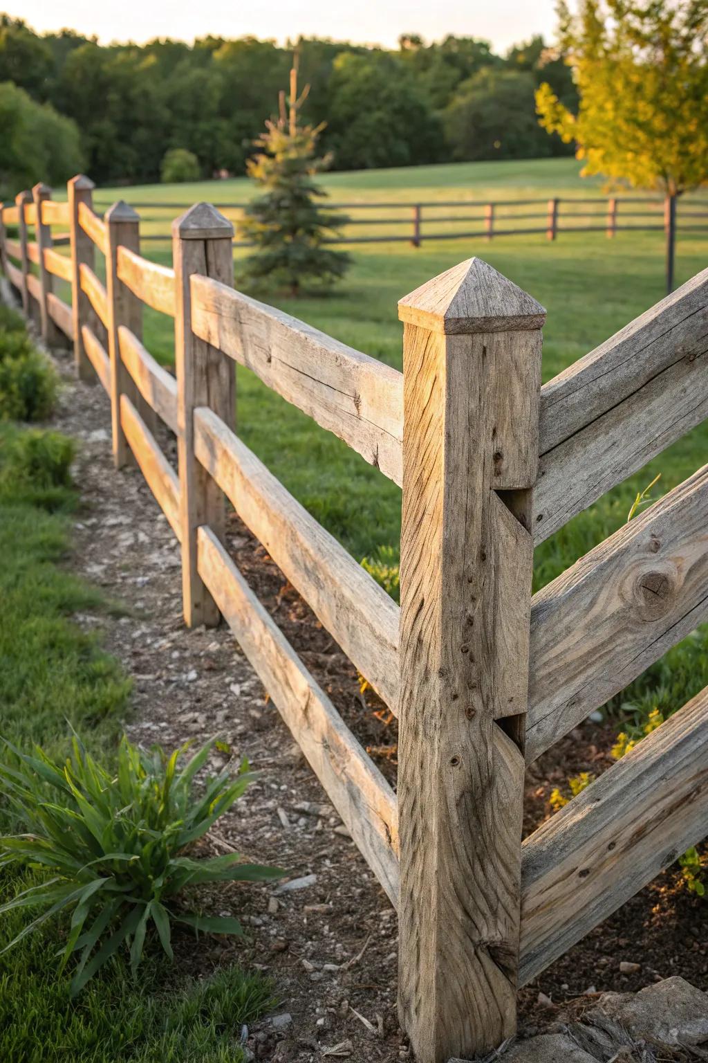 Embrace the art of craftsmanship with a zigzag split rail fence corner that brings dynamic elegance to your outdoor space.