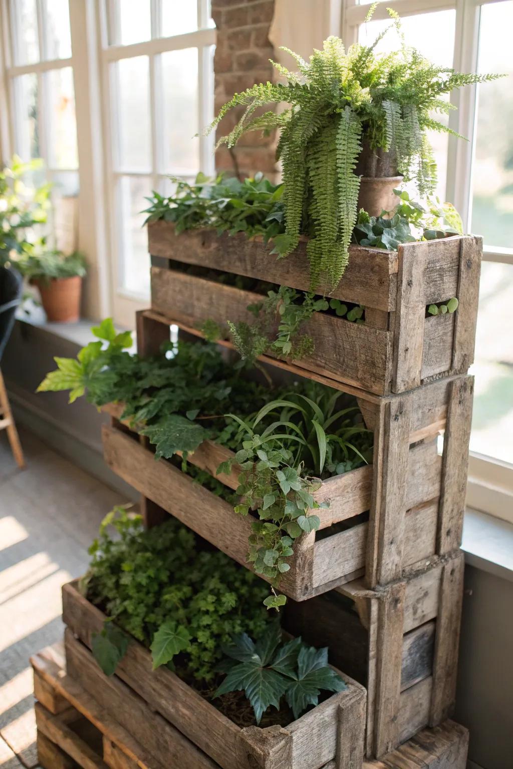 Elevate your indoor garden with a handcrafted crate shelf – a perfect blend of nature and craftsmanship.