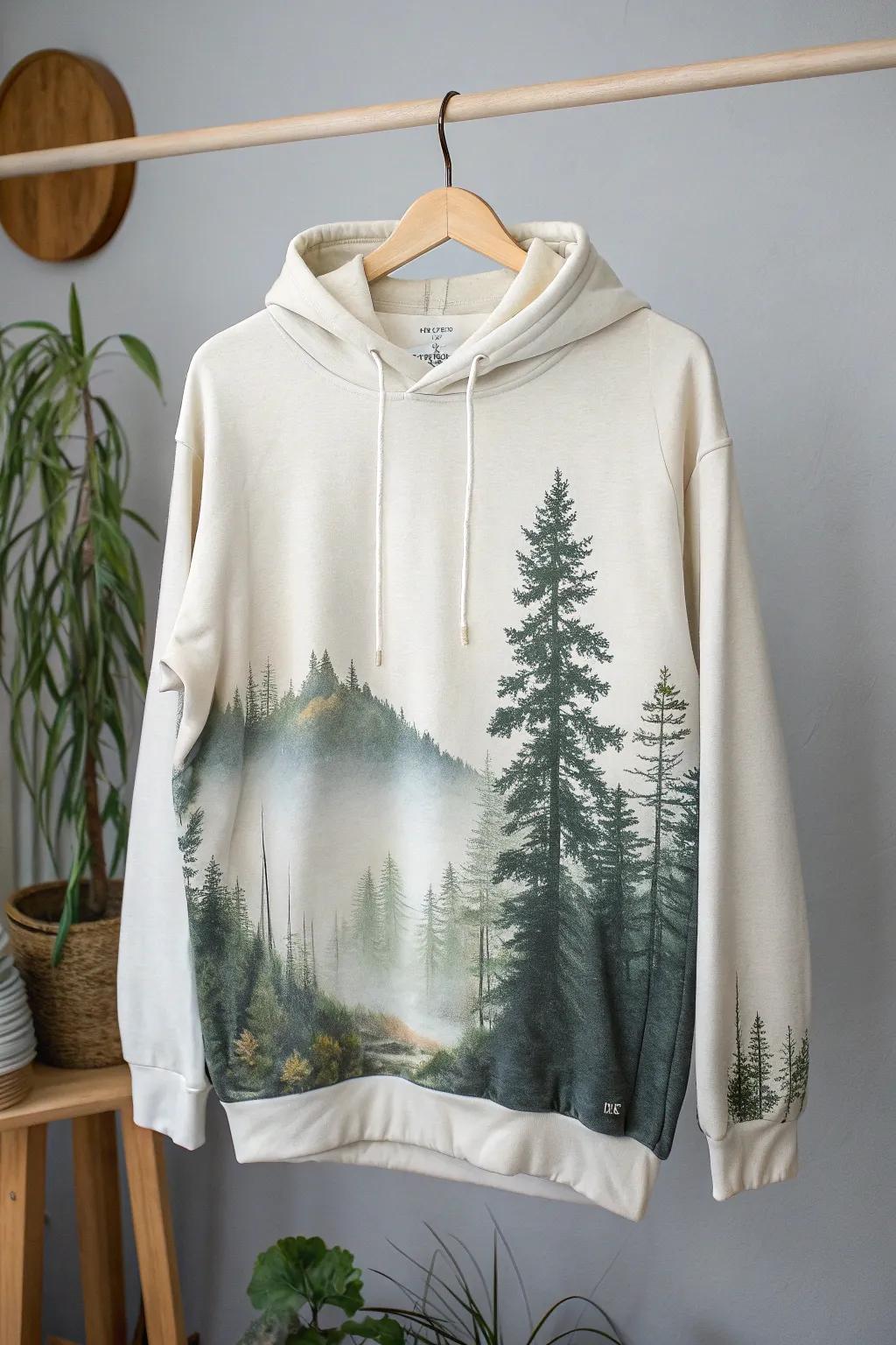 Embrace tranquility with a nature-inspired hoodie that blends minimalist elegance with the serene beauty of the forest.