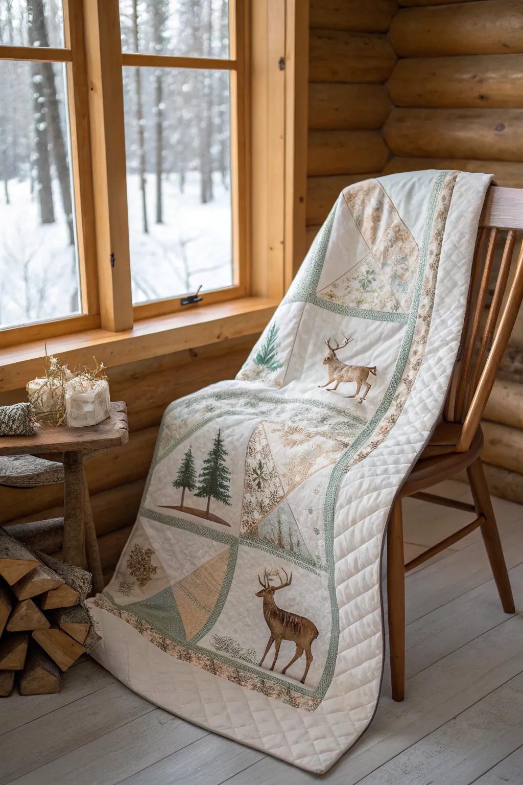 Snuggle up with nature: A deer panel quilt that transforms any space into a rustic winter wonderland.