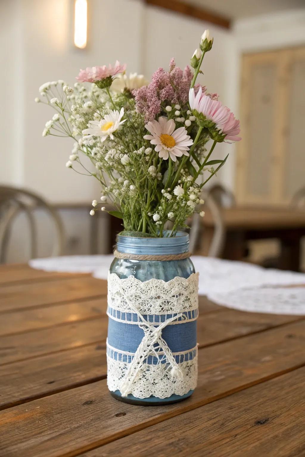 Elevate your décor with the rustic charm of denim and lace. A perfect blend of rugged and refined.
