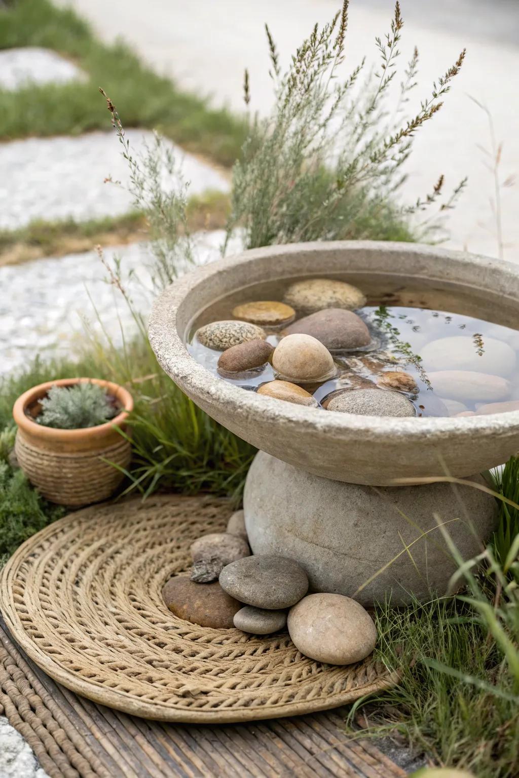 Embrace serenity with a DIY stone bird bath that invites nature’s charm into your minimalist garden.