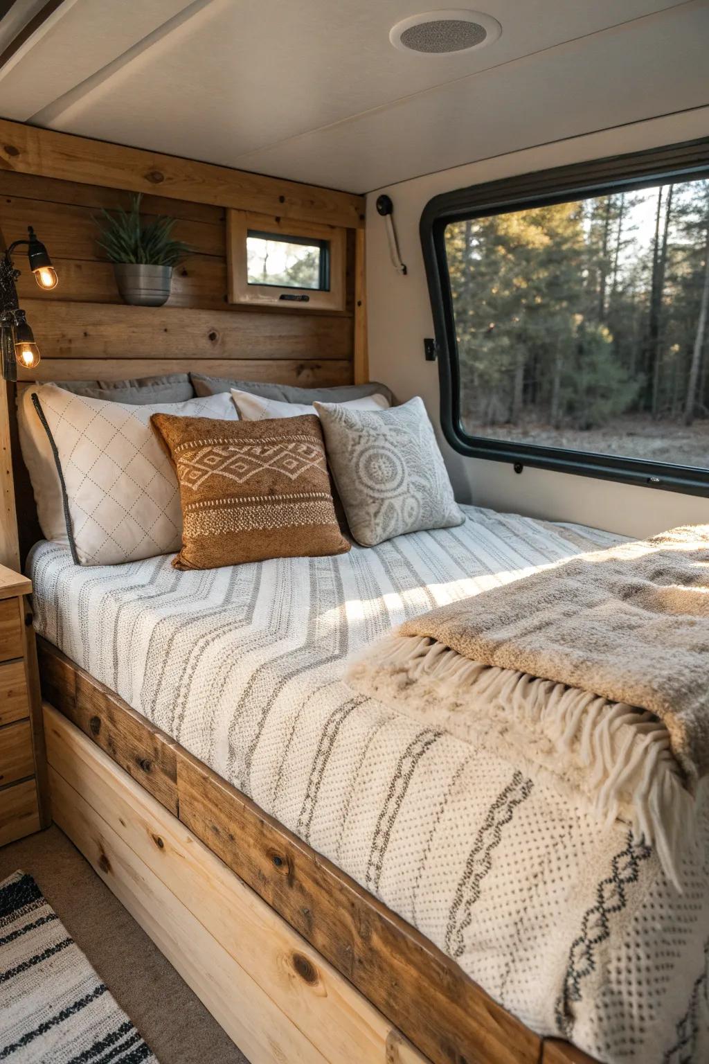 Craft your perfect escape with a cozy and inviting sleeping nook in your DIY camper.
