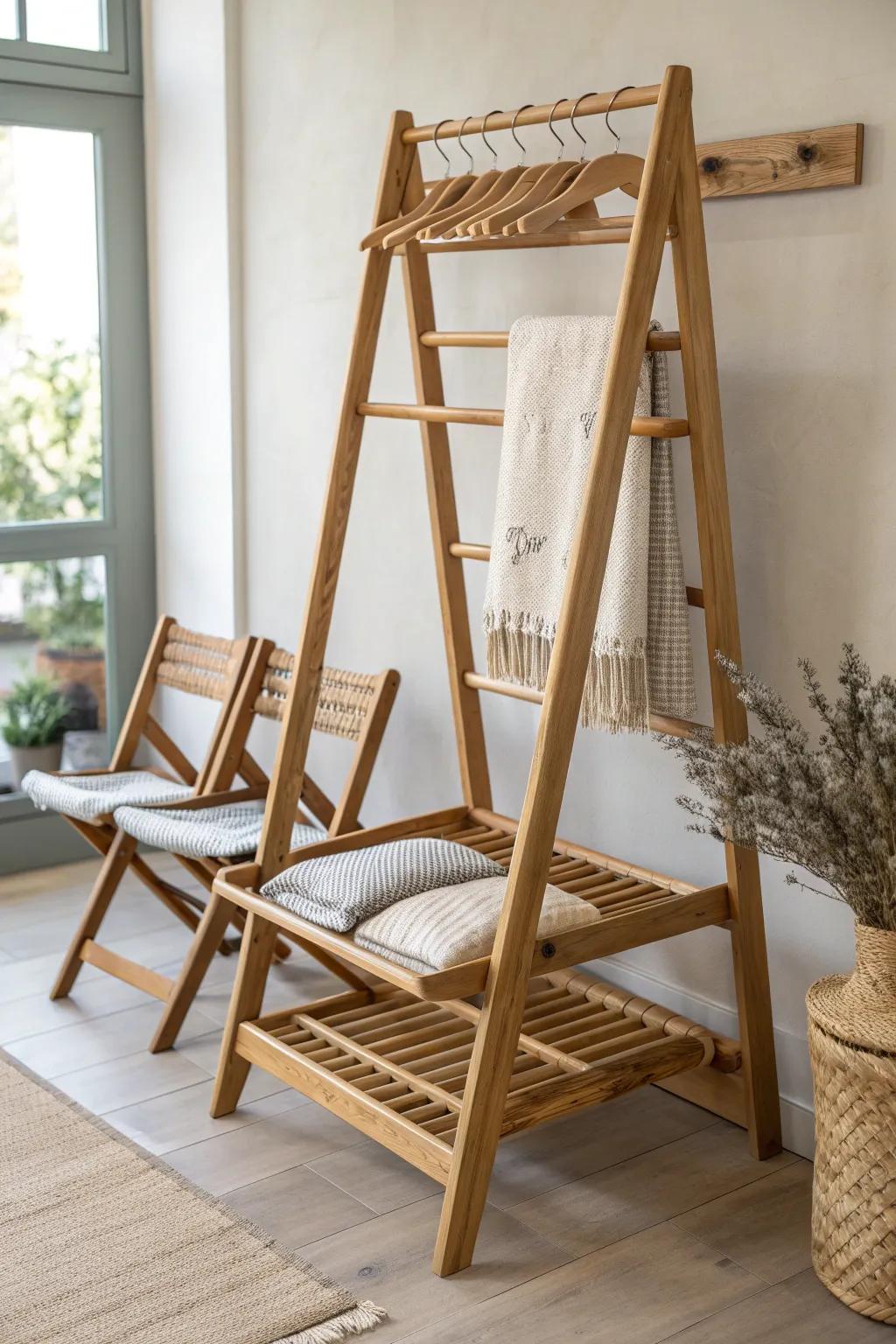 Effortless elegance meets functionality: a handcrafted wooden rack for stylish folding chair storage.