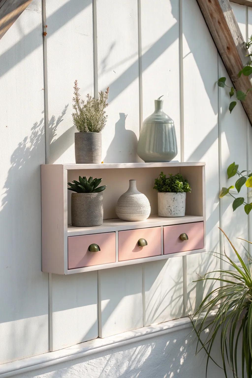 Transform vintage drawers into chic shelves—where simplicity meets natural beauty.