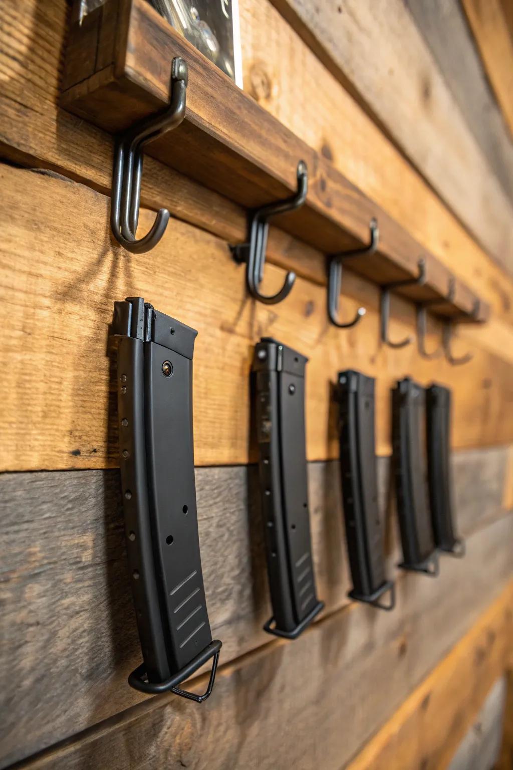 Elevate your gun magazine storage with industrial hooks for a sleek and organized display.