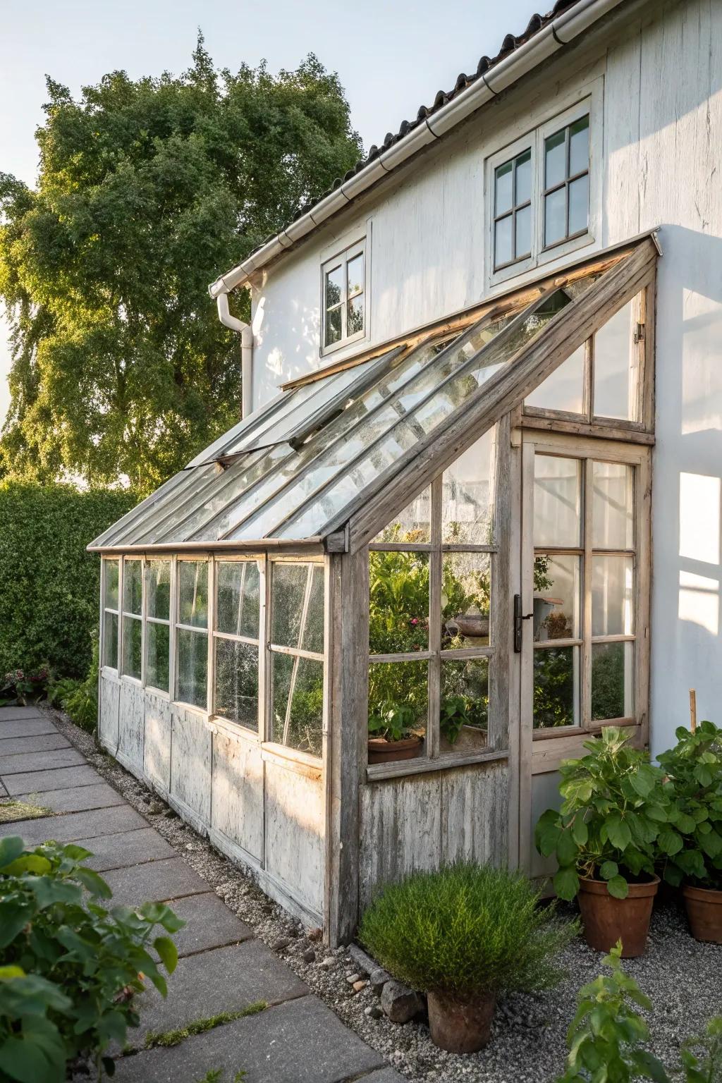 Transform old windows into a charming greenhouse oasis, where simplicity meets natural beauty.