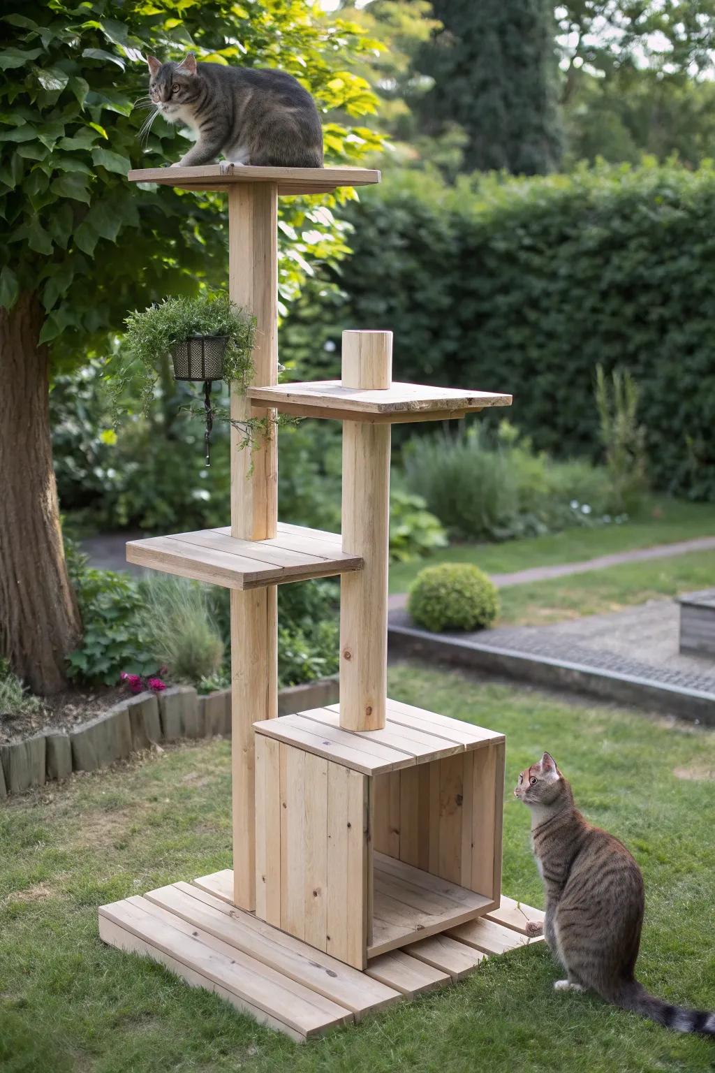 Elevate your feline's playtime with this charming DIY multi-level cat tree crafted from reclaimed wood. A perfect blend of simplicity and natural beauty.