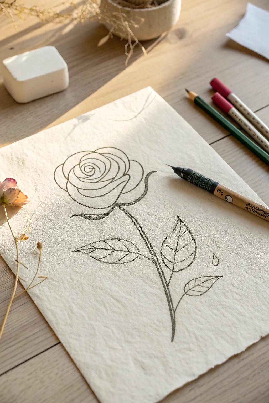 Embrace elegance with a minimalist rose outline, where simplicity meets natural beauty.