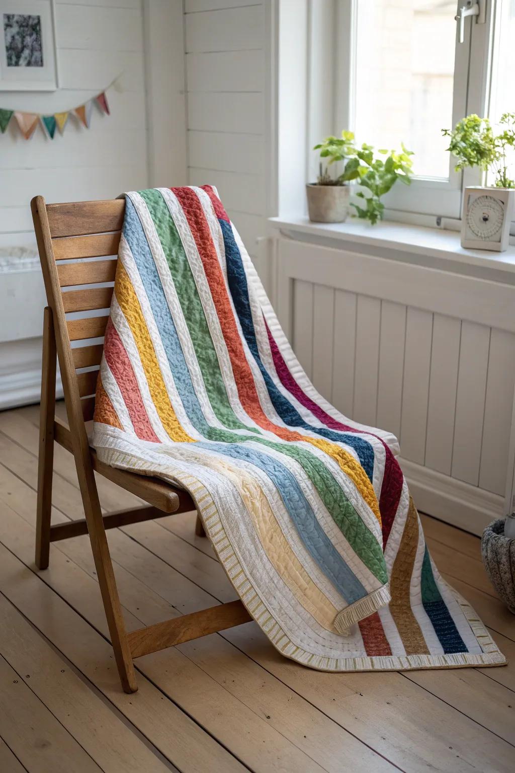 Embrace simplicity and color with this Striped Delight quilt, where every strip tells a story.