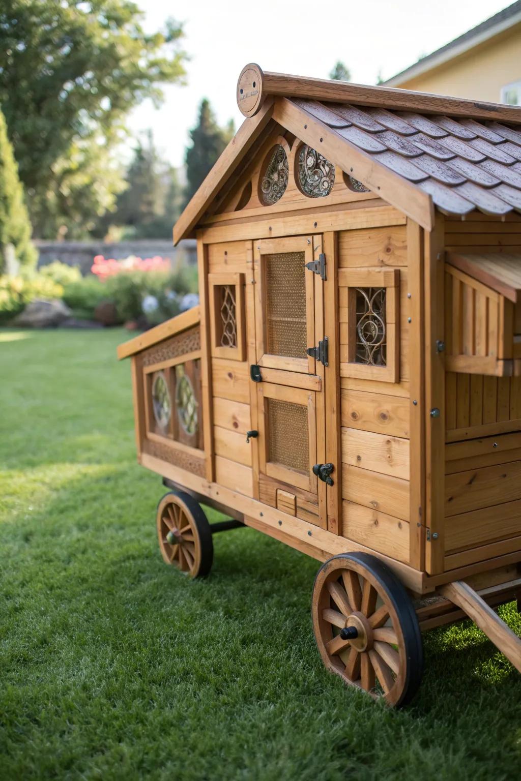 Elevate your backyard with this stunning mobile chicken coop, where craftsmanship meets functionality.