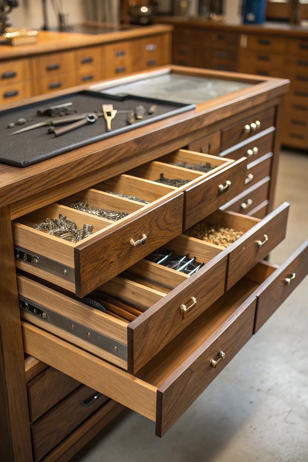 Discover the art of organization with expertly crafted workbench drawers.