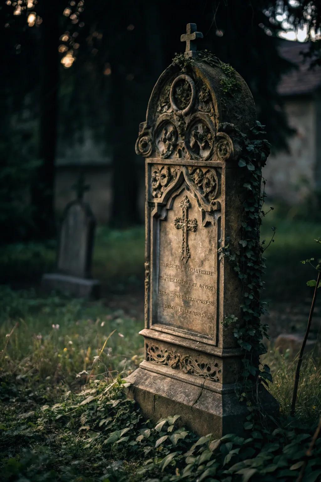 Embrace the allure of vintage Gothic elegance with this intricately carved tombstone, a perfect blend of artistry and mystery.