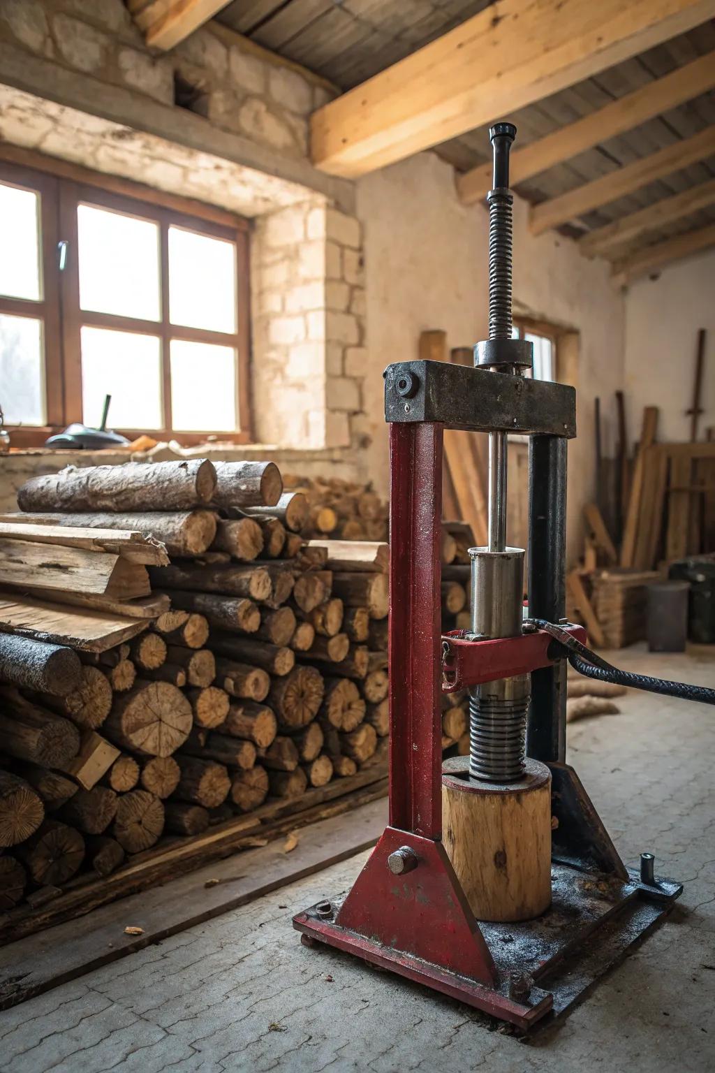 Craftsmanship at its finest: A homemade hydraulic jack splitter ready to tackle any log with ease.