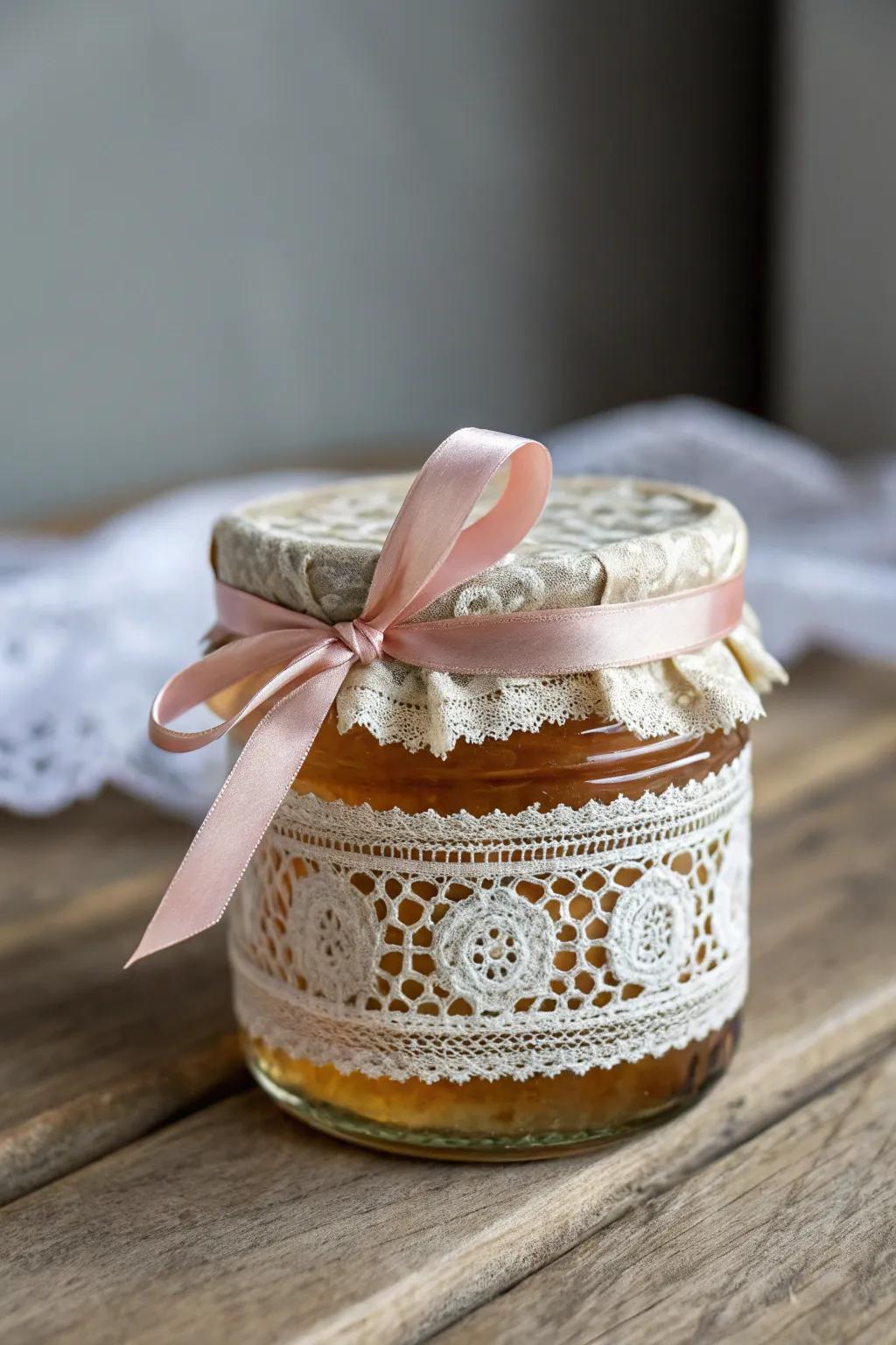 Elevate your honey jars with lace and satin for a touch of boho elegance.