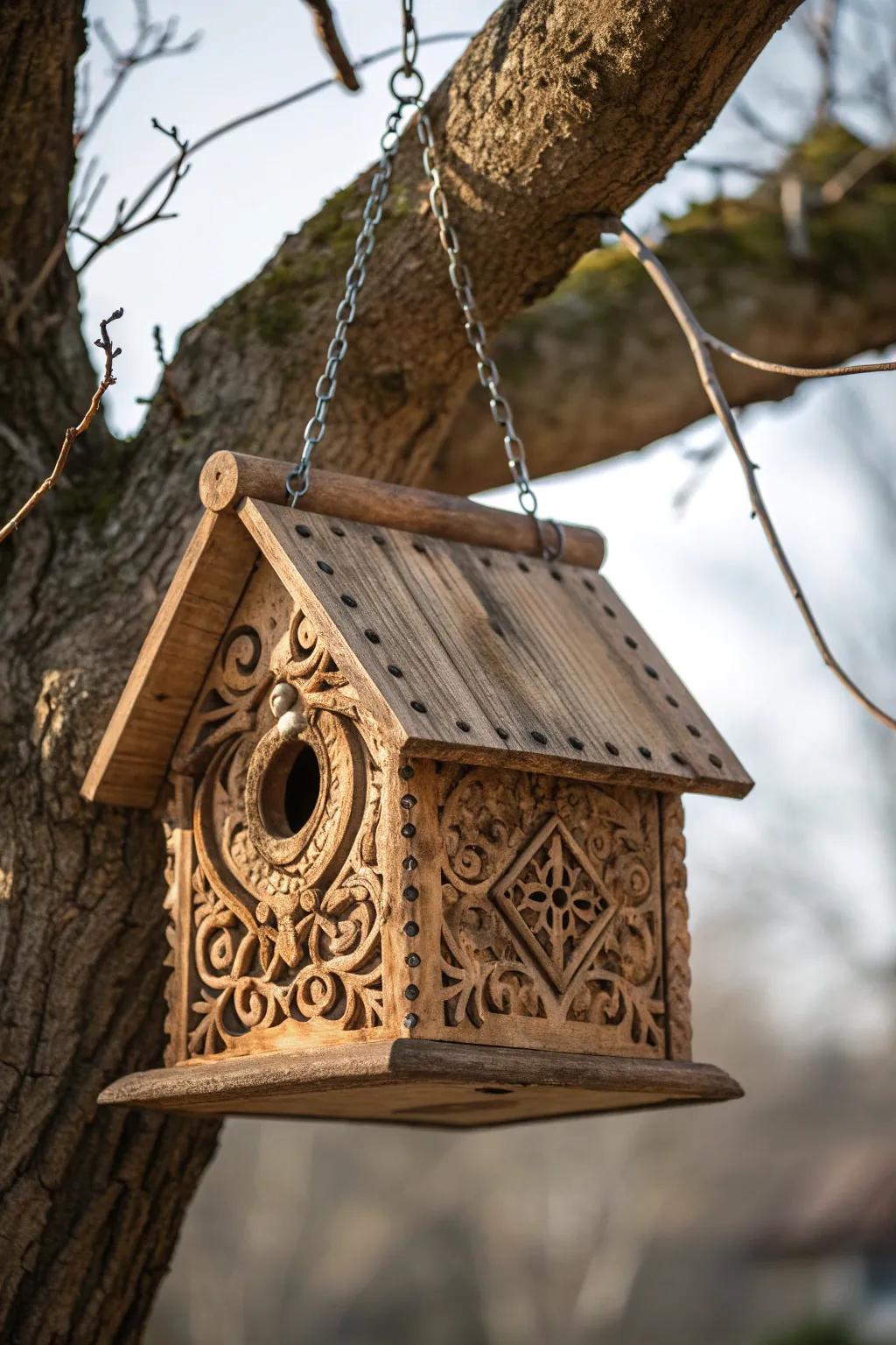 Elevate your outdoor space with this expertly crafted birdhouse, elegantly suspended from a sturdy branch.