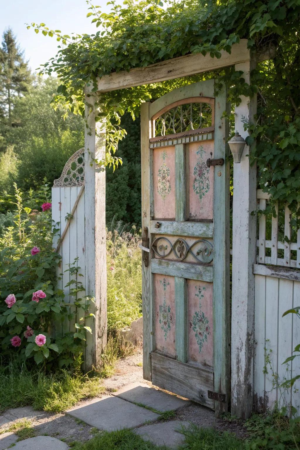 Transform an old door into a whimsical garden gate, adding character and charm to your outdoor oasis.