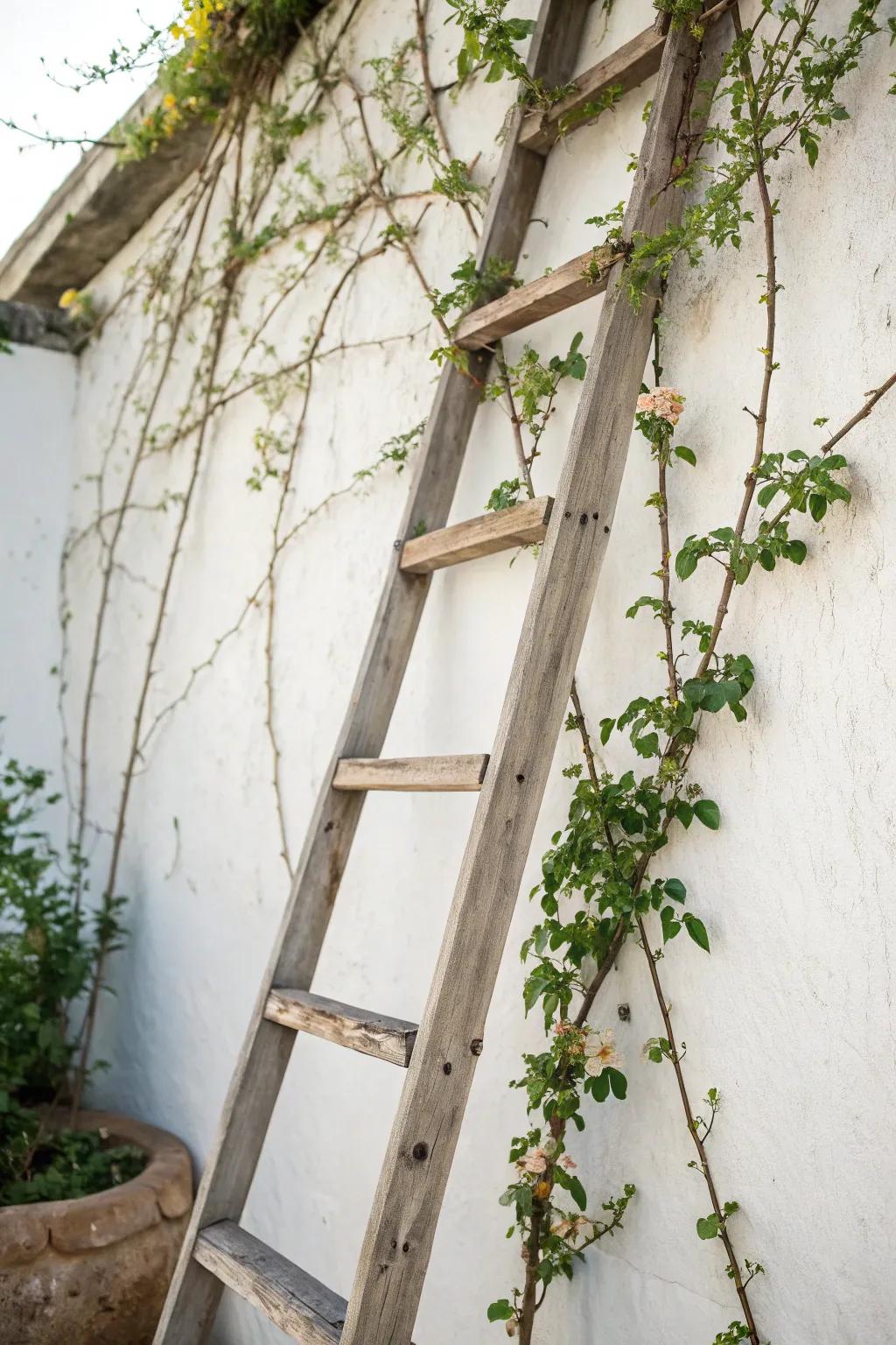 Elevate your space with a vintage ladder trellis: where rustic charm meets natural elegance.