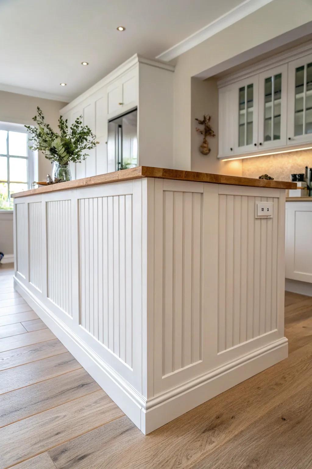 Transform your kitchen island with timeless beadboard panels for a warm, inviting charm.