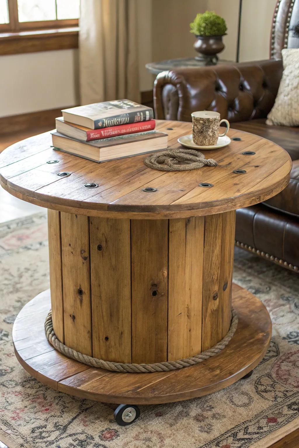 Transform your living space with this charming rustic coffee table crafted from a wooden spool. #Craftsmanship #HomeDecor