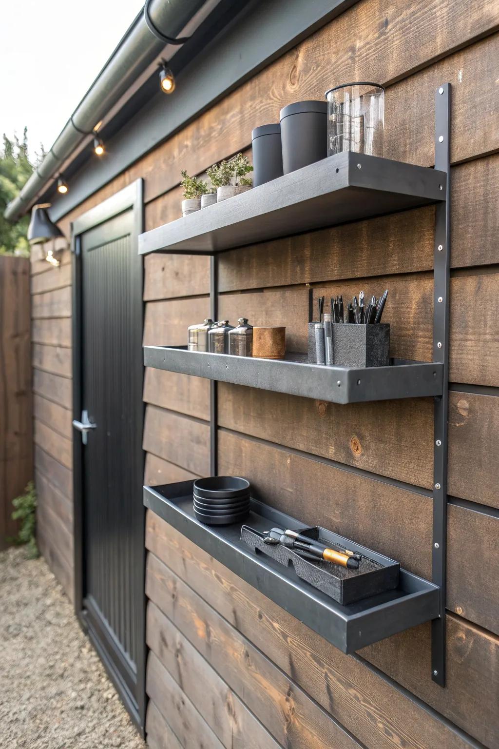 Elevate your shed's style with expertly crafted floating metal shelves.