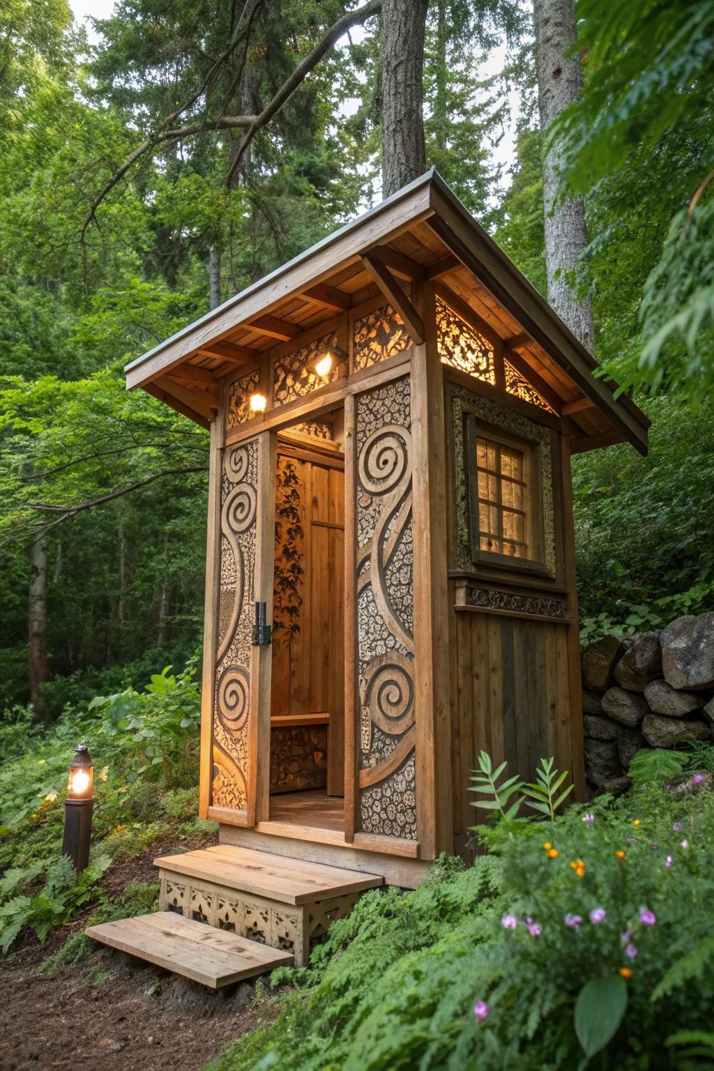 Experience the art of nature with this stunning reclaimed wood outhouse, where craftsmanship meets the great outdoors.