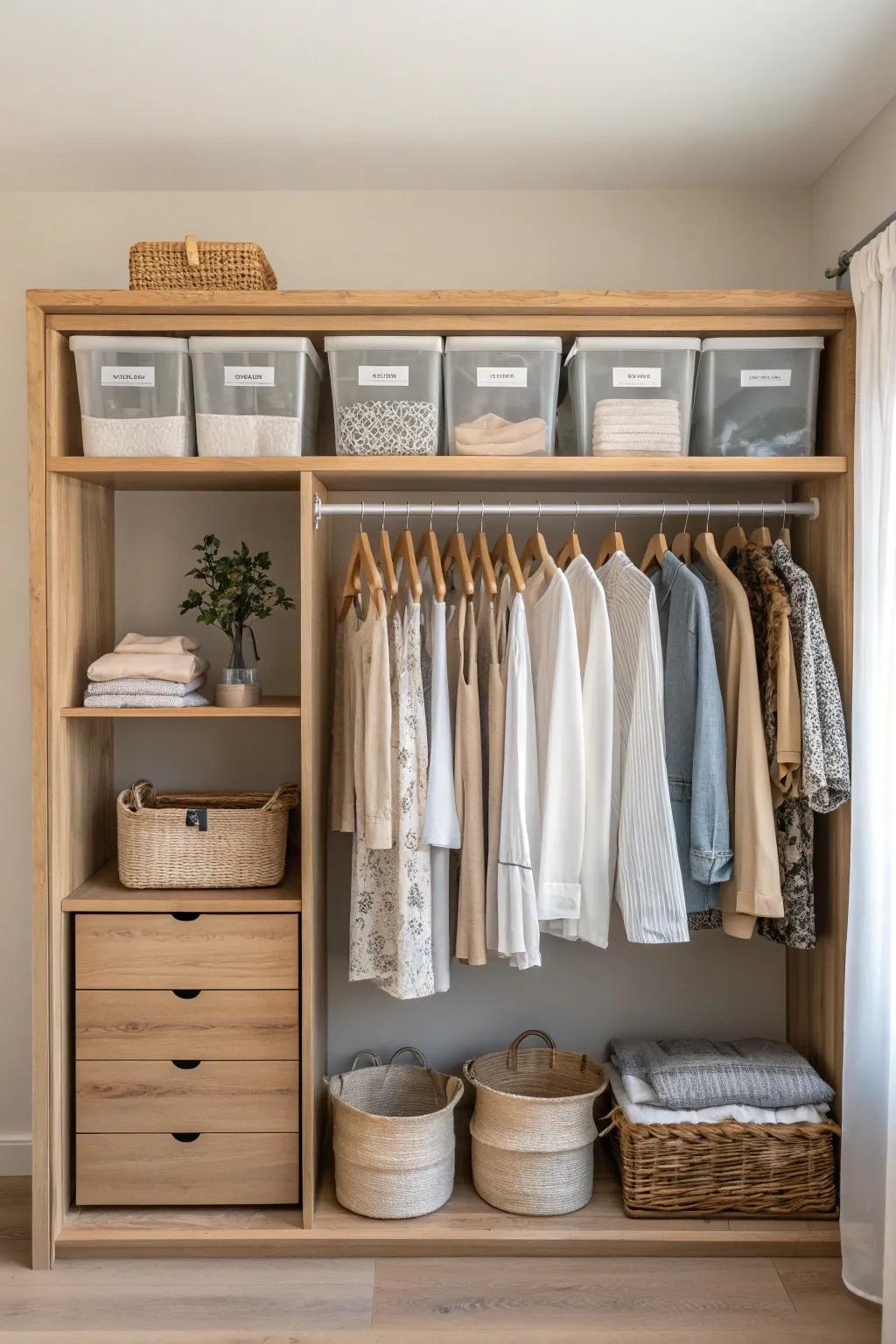 Transform your small closet with stylish overhead bins for a chic and practical solution. #MinimalistLiving #BohoScandiStyle