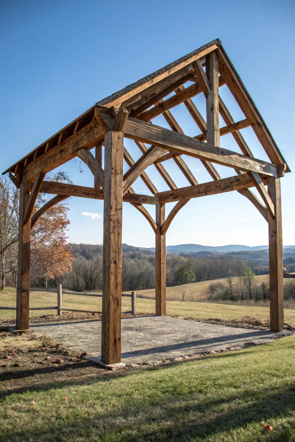 Embrace the rustic elegance of wooden pole frames, where craftsmanship meets nature.