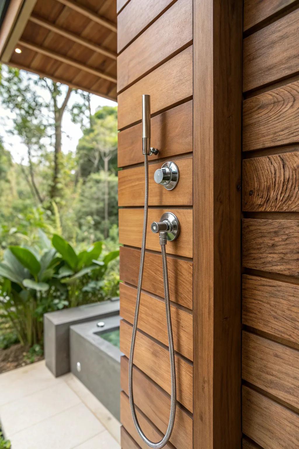 Elevate your outdoor shower experience with the warmth and elegance of natural wood.