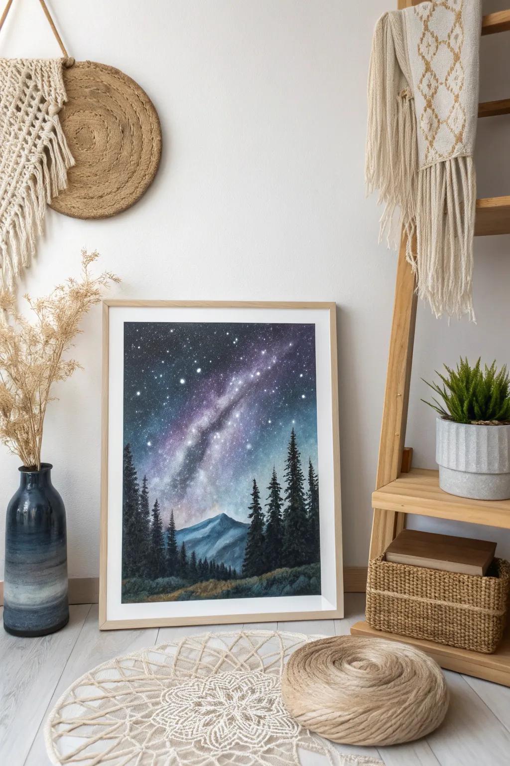 Transform your space into a celestial haven with this dreamy cosmic painting, where artistry meets the infinite beauty of the night sky.